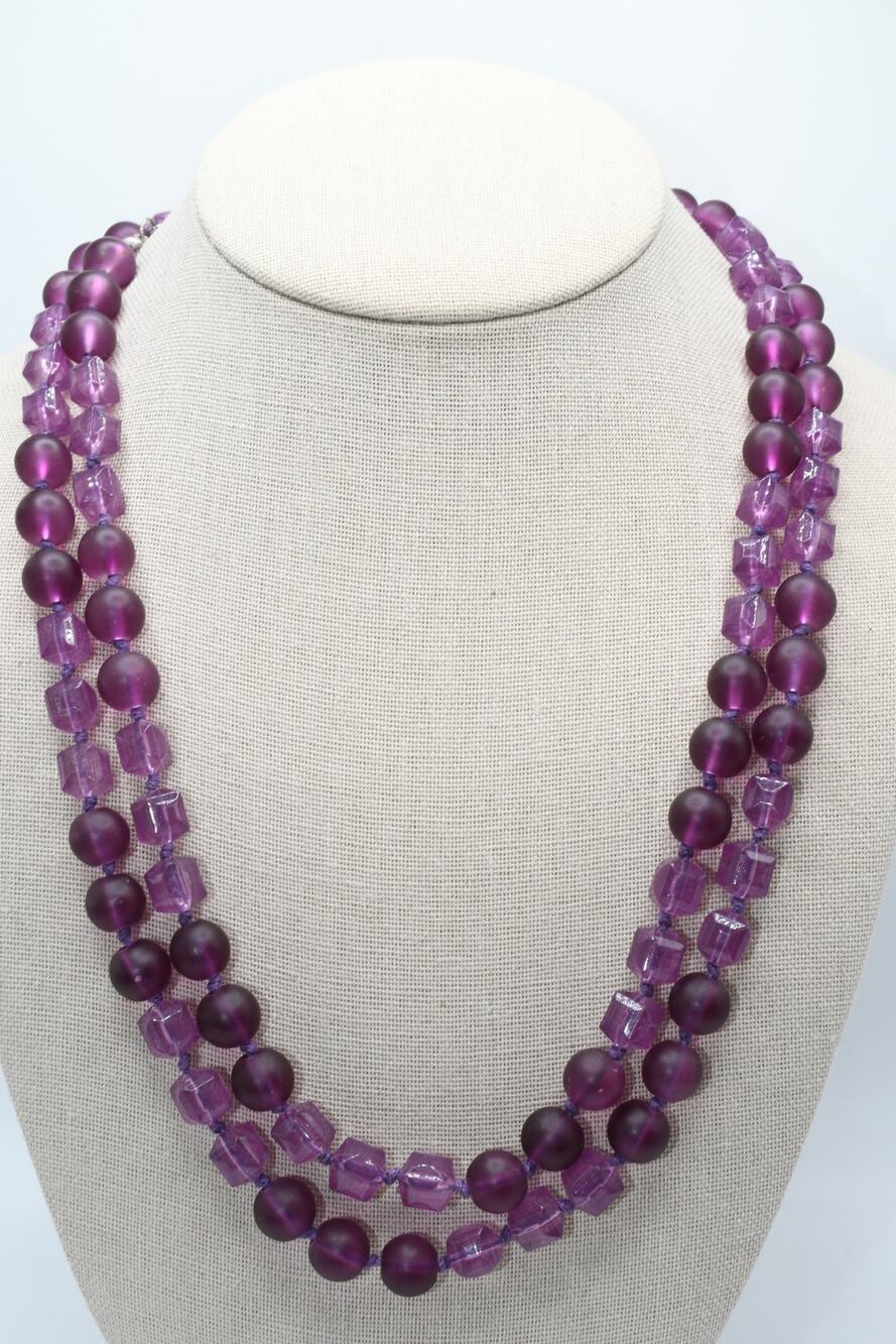 Vintage Purple Beaded Necklace 46 Inch Hand Knotted Glass Lucite Long Strand